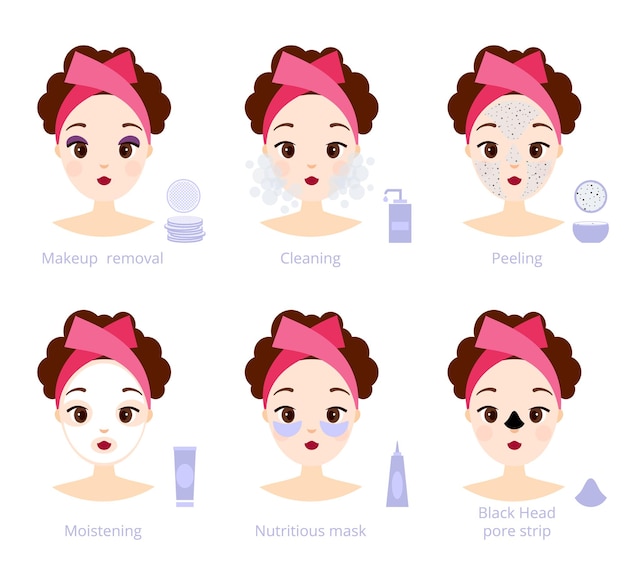 Female treatment face with cosmetic, face skin care healthy and hygiene illustration