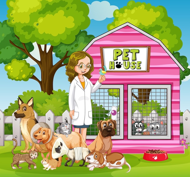 Female vet and many pets