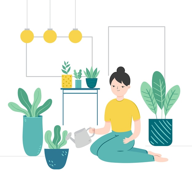 Free vector female watering her home plants