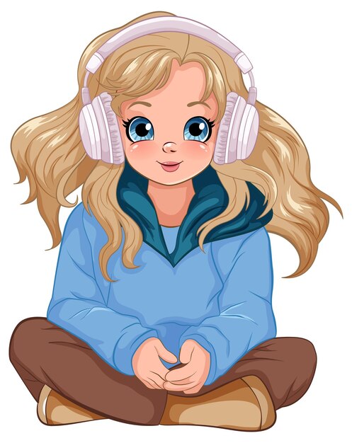 Female youth wearing headset listening to music and sitting on the floor