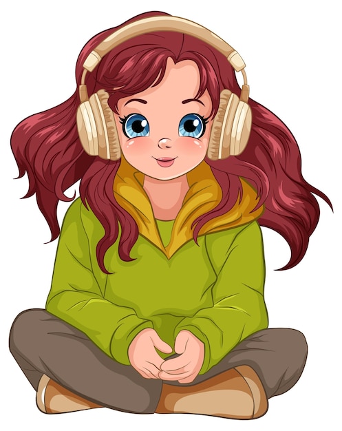 Free vector female youth wearing headset listening to music and sitting on the floor