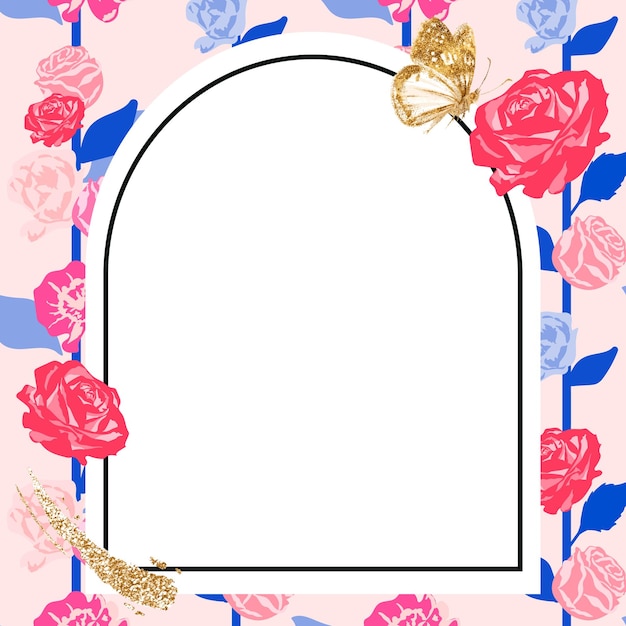 Feminine floral arched frame  with pink roses on white background