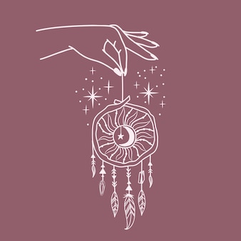 Логотип женской руки с разными символами, такими как космическая звезда и ловец снов. рисованной эзотерический стиль бохо. векторная иллюстрация