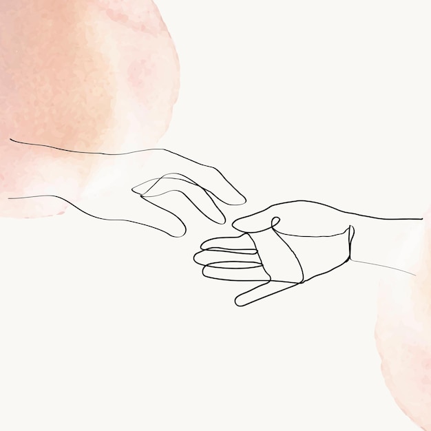 Feminine hands line art  minimal illustration on orange pastel watercolor background