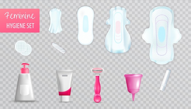 Free vector feminine hygiene transparent set with menstruation symbols realistic isolated vector illustration