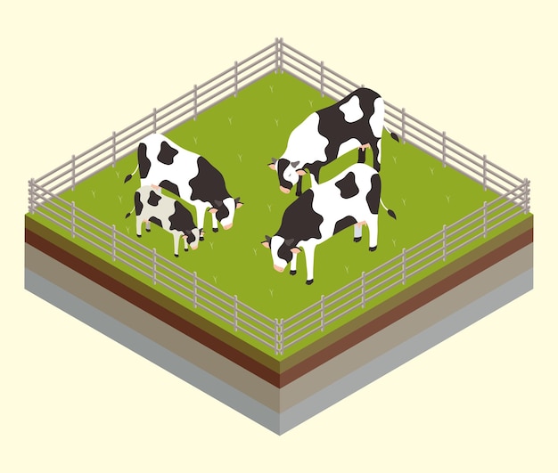 Vettore gratuito recinzione e mucche agricoltura isometrica