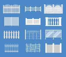 Бесплатное векторное изображение Заборы плоский набор изолированных иконок с сегментами старинных и современных ограждений на синем фоне векторной иллюстрации