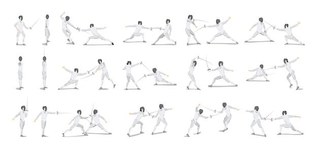 Fencing moves set on white background Athletes in white outfit with mask and sword