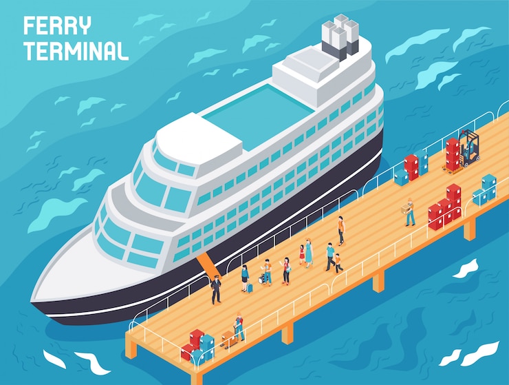 Free Vector ferry terminal with modern vessel  tourists and loaders with cargo on pier isometric illustration