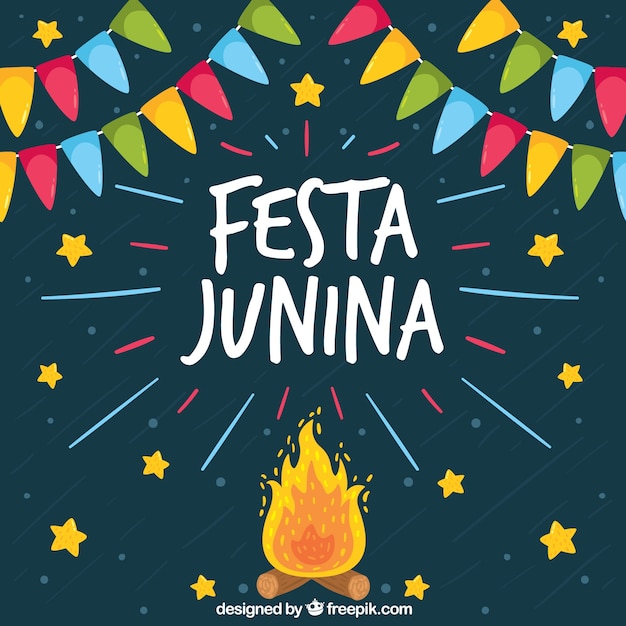 Vettore gratuito festa junina sfondo con falò e stelle