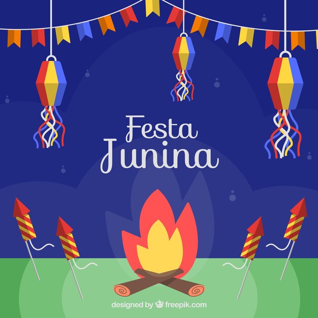 Festa junina background with campfire and traditional elements