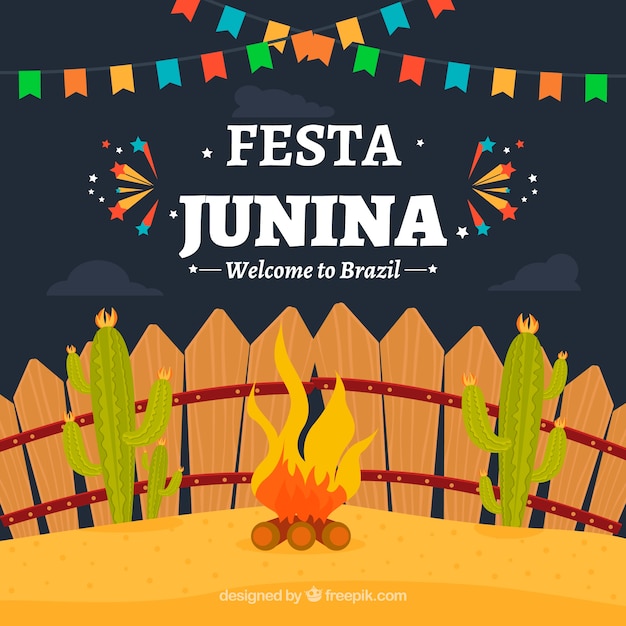 Бесплатное векторное изображение festa junina фон с огнем и кактусом