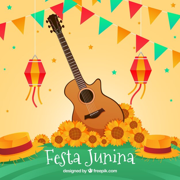 Festa junina фон с гитарой и подсолнухами