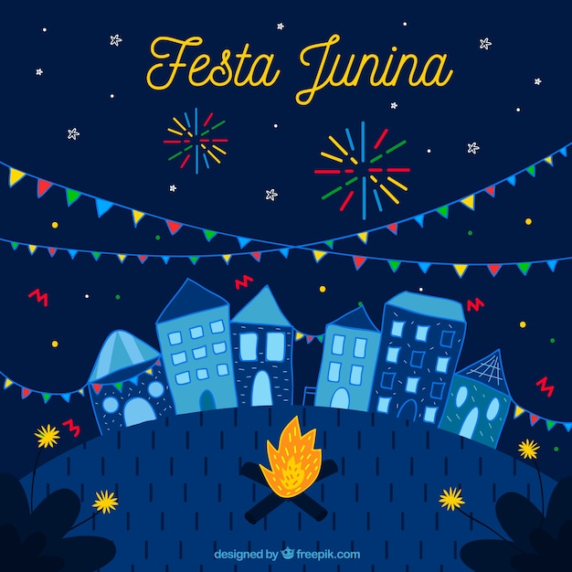 Festa junina background with town and fireworks