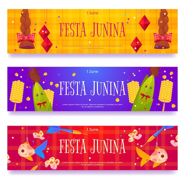 Бесплатное векторное изображение Баннеры festa junina с косами рыбой и кукурузой