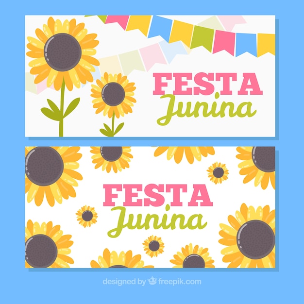 Vettore gratuito festa junina banner con girasoli