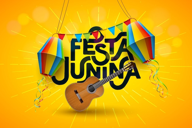 Free vector festa junina design with acoustic guitar party flags and paper lantern brazilian sao joao festival