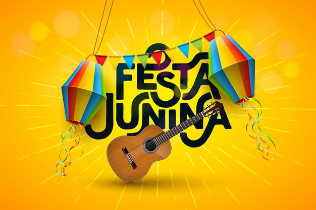 어쿠스틱 기타 파티 플래그와 페이퍼 랜턴이 있는 Festa Junina 디자인 브라질 상 주앙 페스티벌