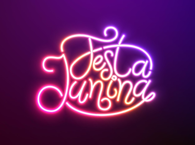 Free vector festa junina illustration with glowing neon light lettering on violet backgroundsaint john festival