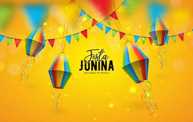 Иллюстрация festa junina с флагами партии и бумажным фонариком на желтой предпосылке. фестиваль дизайна в июне в бразилии для поздравительной открытки, приглашения или праздничного плаката.