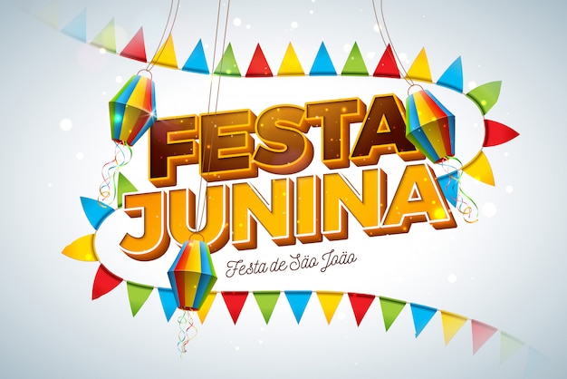 Vettore gratuito illustrazione di festa junina con le bandiere del partito, la lanterna di carta e la lettera 3d su sfondo chiaro. brasile june festival design