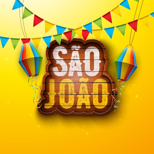빈티지 우드 보드와 종이 랜턴이 있는 Festa Junina 일러스트레이션 브라질 June Sao Joao Festival