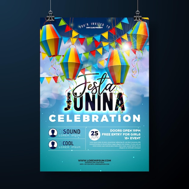 Festa junina party flyer иллюстрация с бумажным фонарем и флагом на фоне голубого облачного неба
