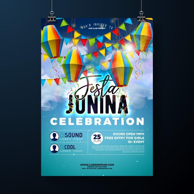 푸른 흐린 하늘 배경에 종이 랜 턴과 플래그와 함께 축제 Junina 파티 전단지 그림