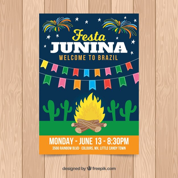 Festa junina poster invitation with campfire at night