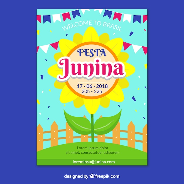 Festa junina poster invitation with flat sunflower