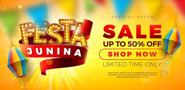 Festa Junina Sale Promotional Illustration with Paper Lantern and Light Bulb Billboard Lettering