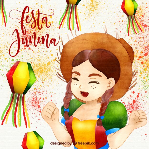 Festa junina watercolor background with happy girl