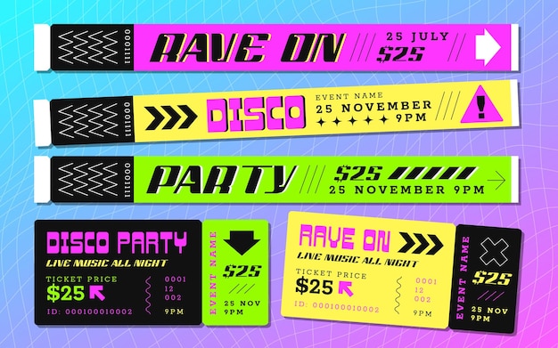 Free vector festival bracelet and ticket for pass to event disco and band color wristbands night party tickets