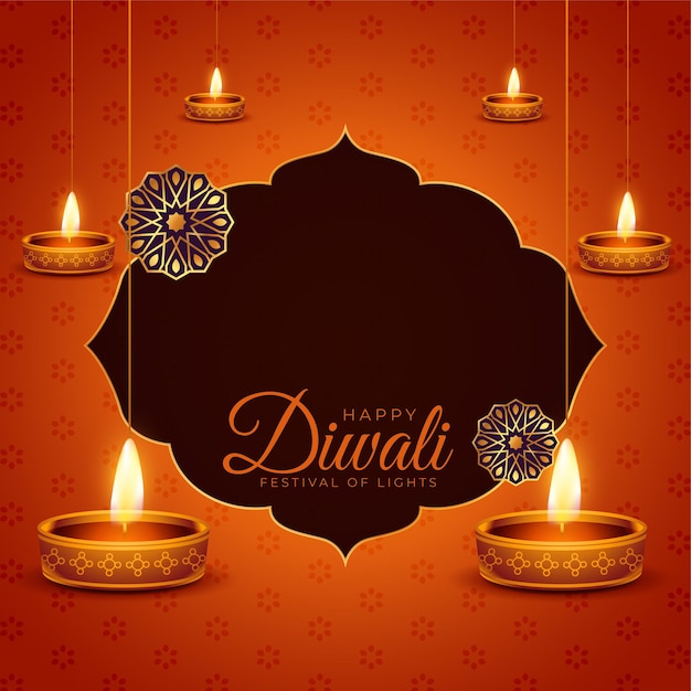 Vettore gratuito design della carta del festival di diwali con decorazione diya