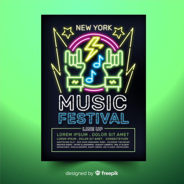 Vettore gratuito festival del modello di poster al neon di musica