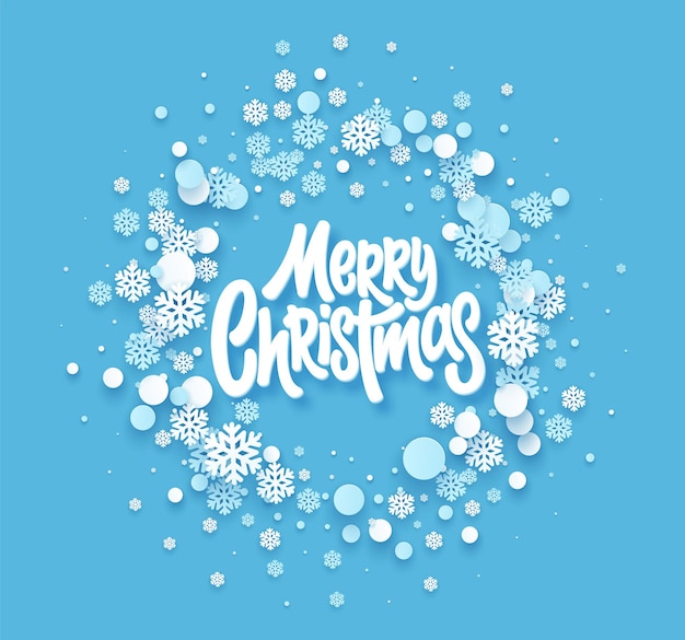紙の雪片とお祝いの青いクリスマスの背景。はがき、バナー、チラシのクリスマスペーパーカットの背景デザイン。ベクトルイラストeps10 Premiumベクター