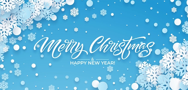 Festive blue Christmas background with paper snowflakes. Christmas Papercut background design for postcard, banner, flyer. Vector illustration