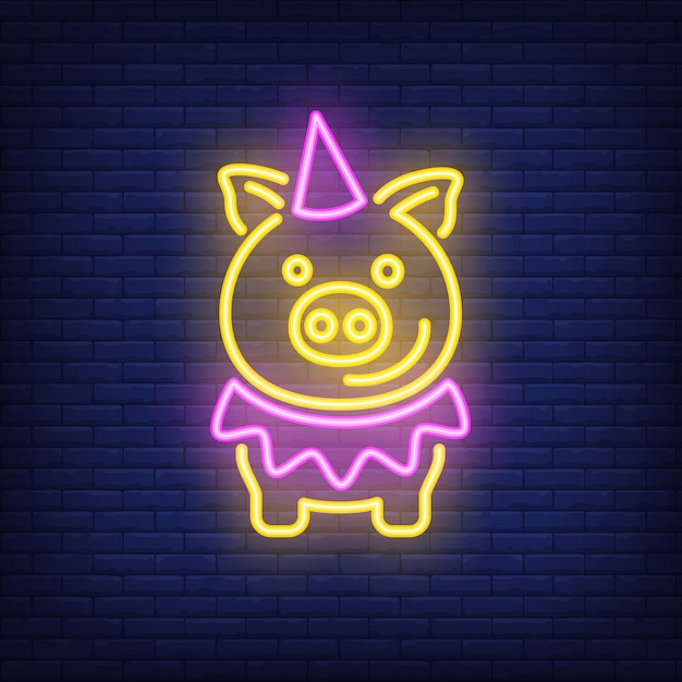 Festive cartoon pig in birthday hat. neon sign element. night bright advertisement.