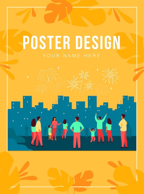 Free vector festive city night concept. crowd of people with children celebrating event and watching firework in sky over cityscape.  illustration for celebration, holiday, urban show topics