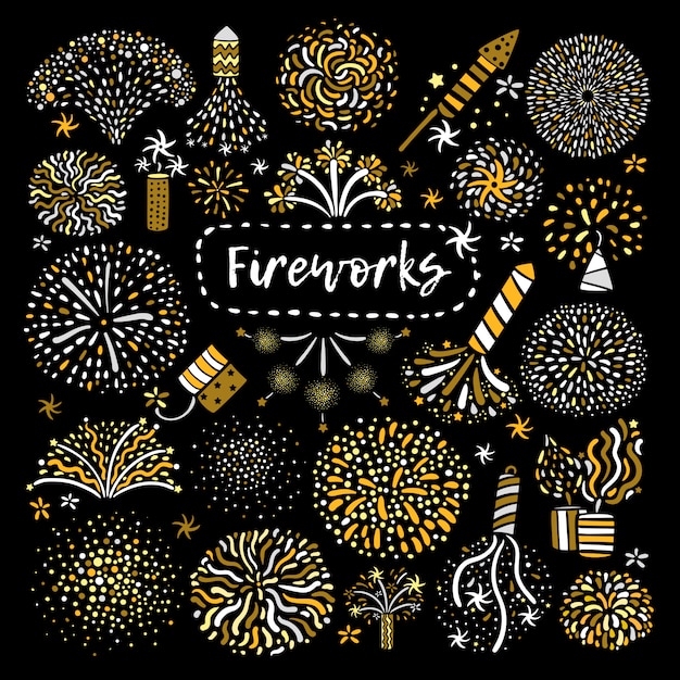 Festive golden firework icons set