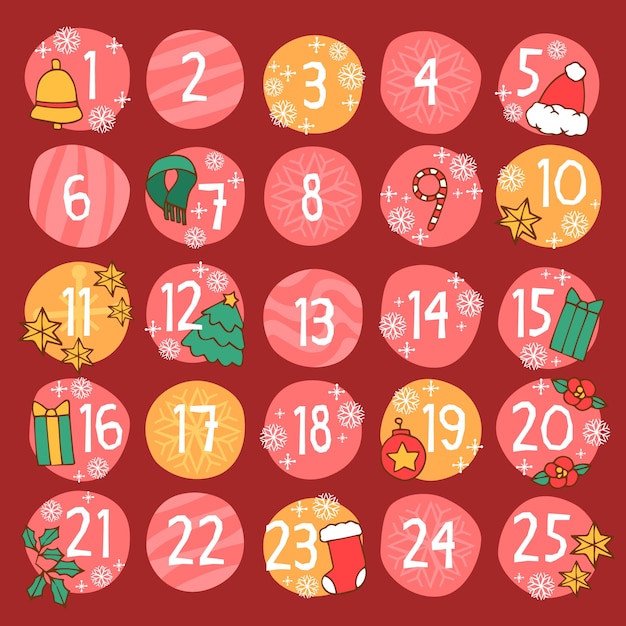 Vettore gratuito calendario dell'avvento disegnato a mano festivo