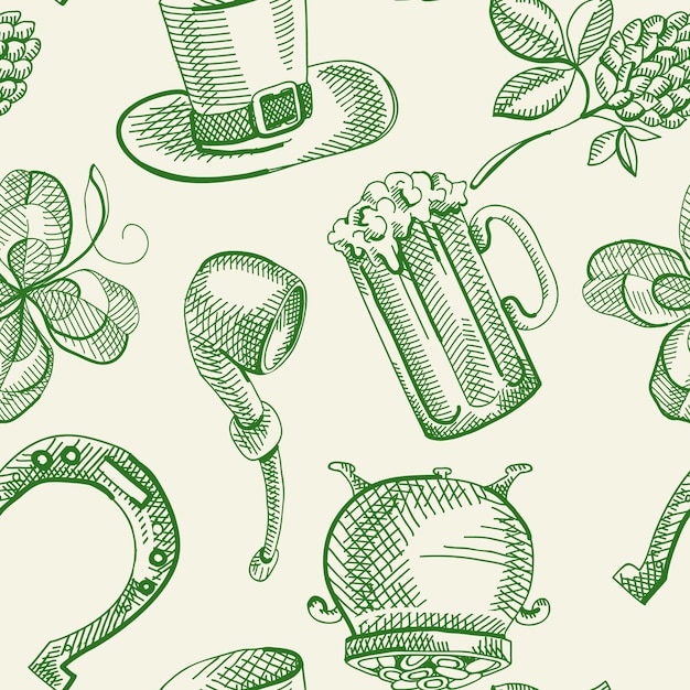 Festive Saint Patricks Day seamless pattern with hand drawn green traditional symbols