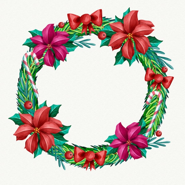 Festive watercolor christmas wreath with flowers