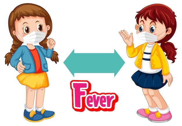 Fever font in cartoon style with two kids keeping social distance isolated on white background