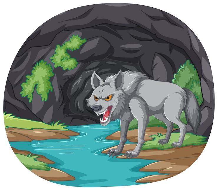 Free Vector fierce wolf by the mountain stream