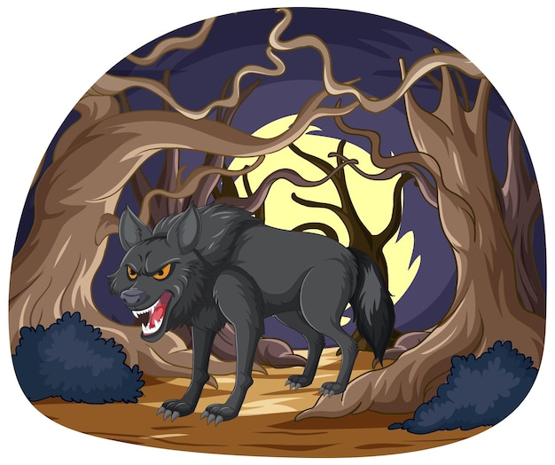 Free vector fierce wolf in spooky forest scene