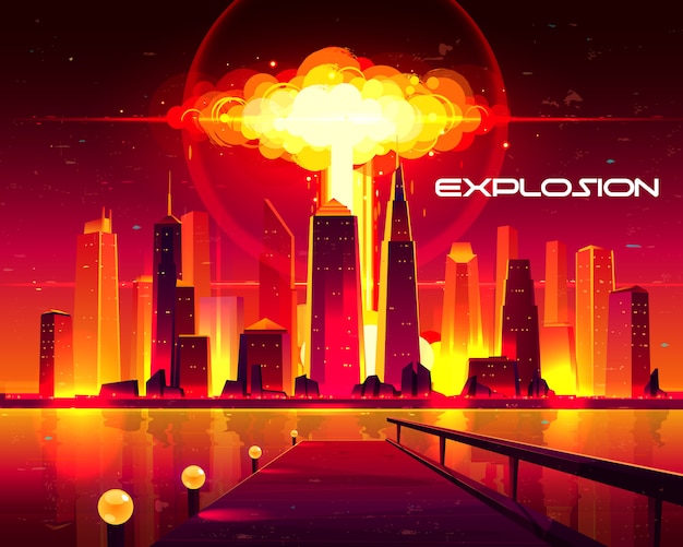 Free vector fiery mushroom cloud of atomic bomb detonation raising under skyscrapers buildings illustration.