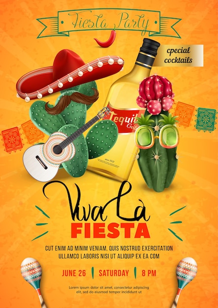Fiesta party poster template with mexican sombrero guitar and moustache