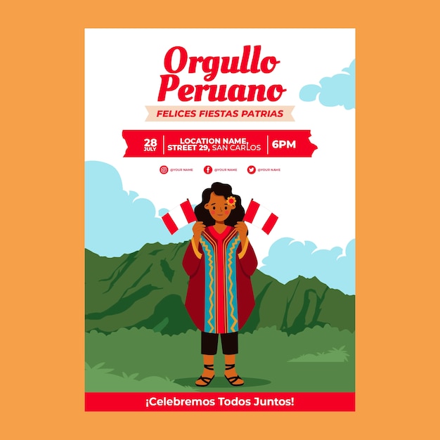 Vettore gratuito fiestas patrias perù poster piatto disegnato a mano