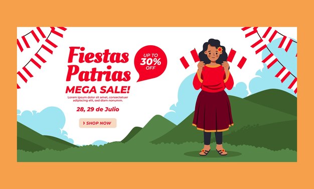 Vettore gratuito fiestas patrias perù banner di vendita piatto disegnato a mano